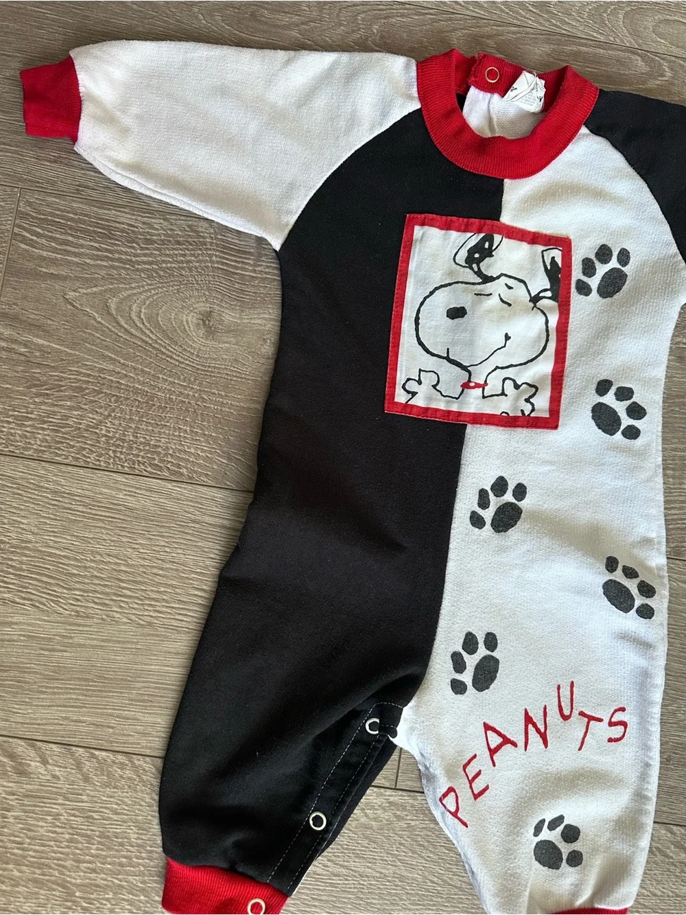 Vintage Peanuts Snoopy Black, White & Red Snoopy Baby One-Piece